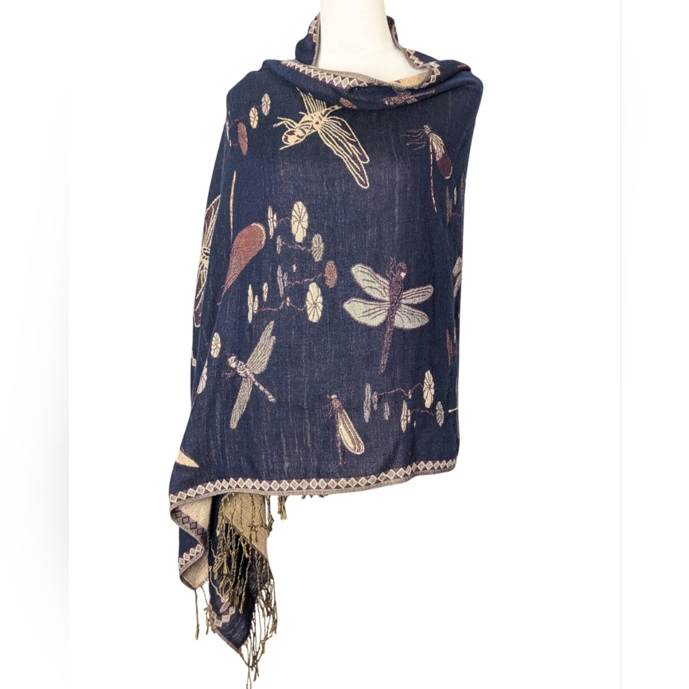 Vintage Dragonfly Water Lily Jacquard Tapestry Shawl Fringe Blanket Scarf